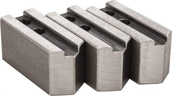 H & R Manufacturing - 1.5mm x 60° Serrated Attachment, Square Soft Lathe Chuck Jaw - 3 Jaws, Steel, 0.787" Btw Mount Hole Ctrs, 3-1/8" Long x 1-1/4" Wide x 1-1/2" High, 0.472" Groove, 10mm Fastener - Industrial Tool & Supply