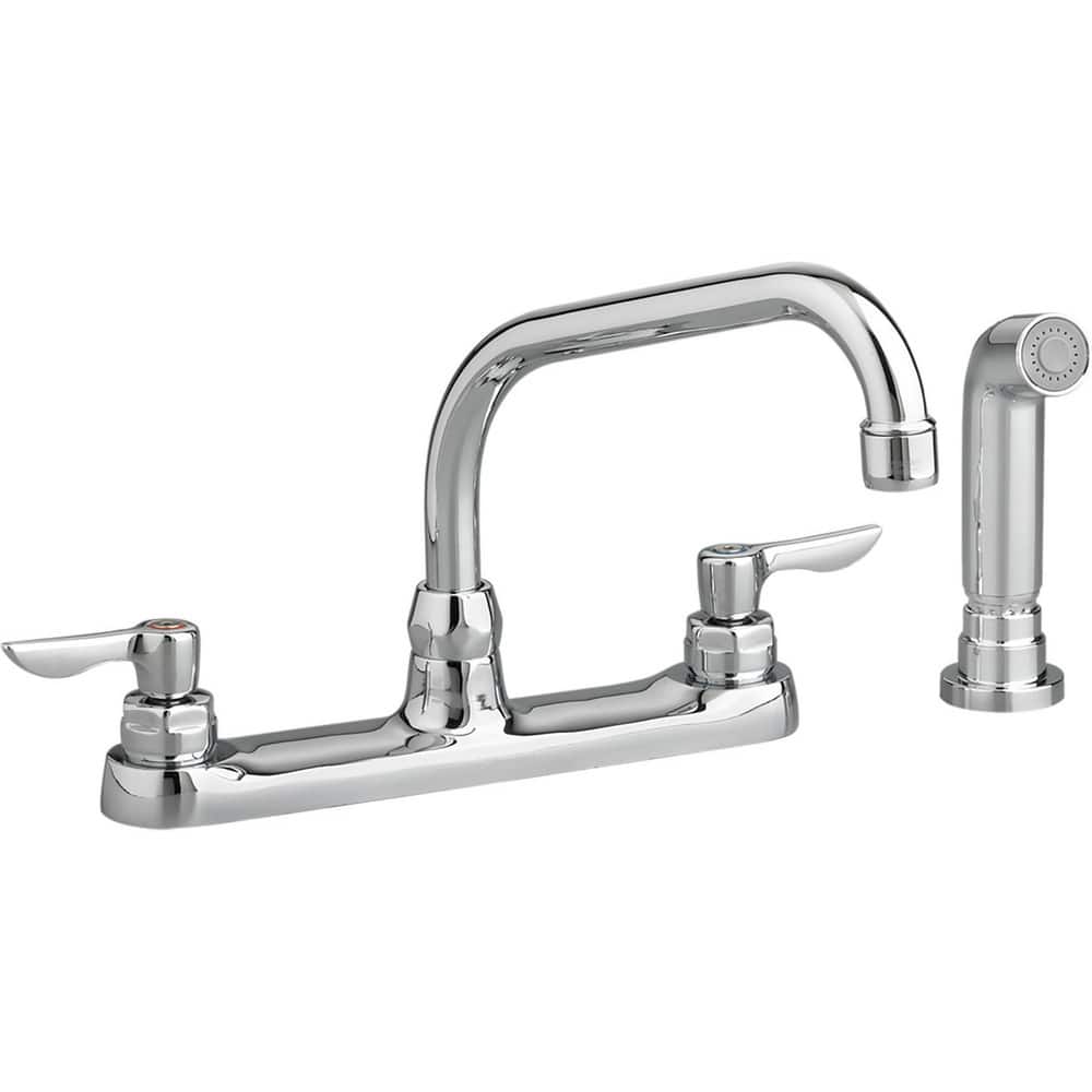 Lavatory Faucets; Type: Top Mount Kitchen Faucet; Inlet Location: Back; Spout Type: Swivel; Inlet Pipe Size: 1/2 in; Design: Two Handle; Inlet Gender: Male; Handle Type: Lever; Maximum Flow Rate: 1.5; Mounting Centers: 8; Material: Cast Brass; Drain Type: