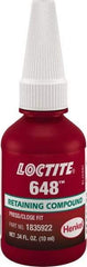 Loctite - 10 mL, Green, High Strength Gel Retaining Compound - Series 648, 24 hr Full Cure Time - Industrial Tool & Supply