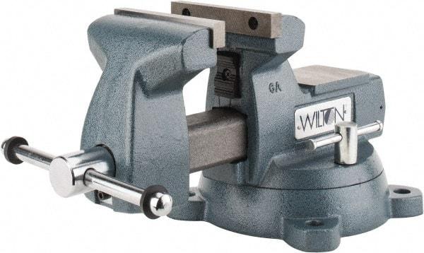 Wilton - 6" Jaw Width x 5-3/4" Jaw Opening Capacity, 4-1/8" Throat Depth, Bench & Pipe Combination Vise - 1/4 to 3-1/2" Pipe Capacity, Swivel Base, Bolt Down Attachment, Ductile Iron - Industrial Tool & Supply