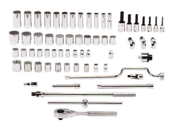 Proto - 65 Piece 1/2" Drive Standard Deep Socket Set - 8 & 12 Points, 3/8 to 1-1/2", Inch Measurement Standard - Industrial Tool & Supply