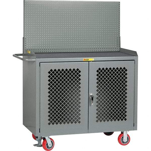 Little Giant - 3,600 Lb Capacity, 2 Shelf, 2 Door Mobile Bench Cabinet with Pegboard Panel - 53" Wide x 24" Deep x 43" High, Steel, Gray - Industrial Tool & Supply