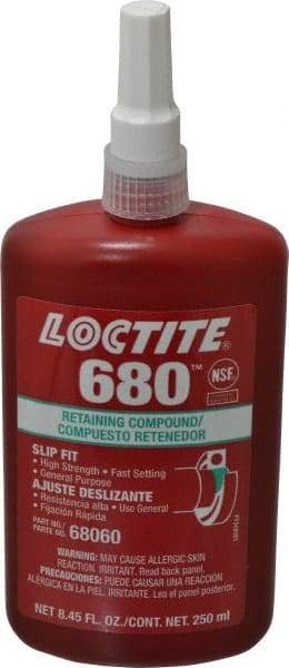Loctite - 250 mL Bottle, Green, High Strength Liquid Retaining Compound - Series 680, 24 hr Full Cure Time, Hand Tool Removal - Industrial Tool & Supply