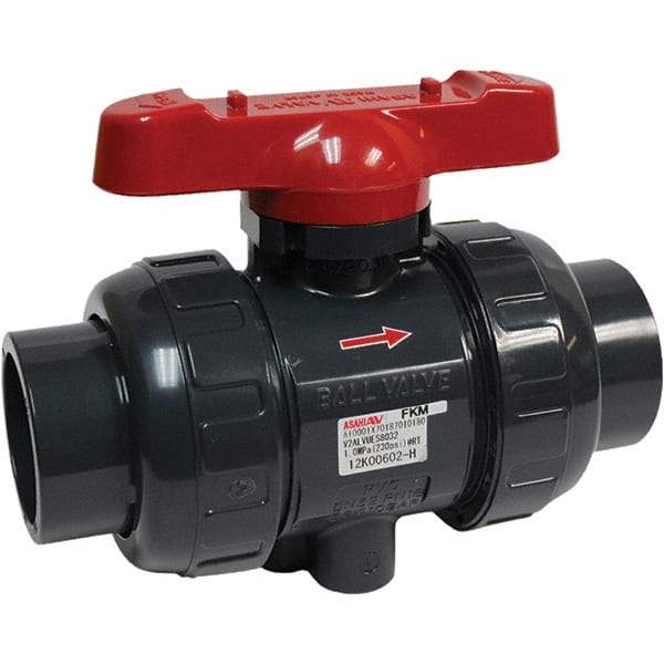 Asahi/America - 1-1/4" Pipe, Full Port, PVC True Union Design Ball Valve - 1 Piece, Socket x Thread Ends, Tee Handle - Industrial Tool & Supply