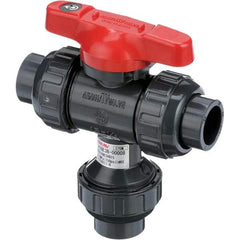 Asahi/America - 3" Pipe, Full Port, PVC Multiport Ball Valve - Three Way, Socket Ends, Tee Handle - Industrial Tool & Supply