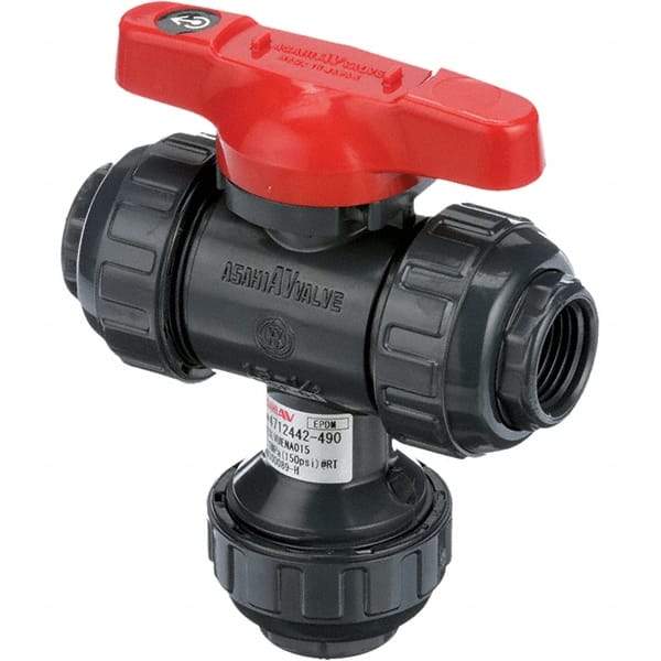 Asahi/America - 2-1/2" Pipe, Full Port, PVC Multiport Ball Valve - Three Way, Threaded Ends, Tee Handle - Industrial Tool & Supply