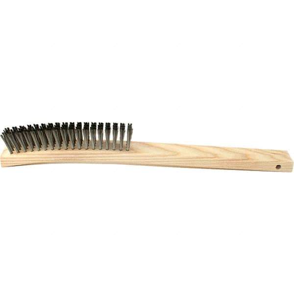 Brush Research Mfg. - 4 Rows x 19 Columns Stainless Steel Scratch Brush - 5-3/4" Brush Length, 14" OAL, 1 Trim Length, Wood Curved Back Handle - Industrial Tool & Supply