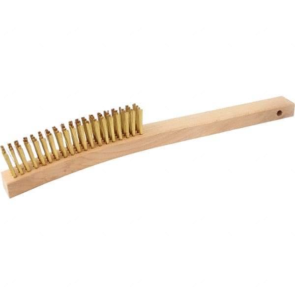 Brush Research Mfg. - 4 Rows x 19 Columns Brass Scratch Brush - 5-3/4" Brush Length, 13-3/4" OAL, 1-1/8 Trim Length, Wood Curved Back Handle - Industrial Tool & Supply