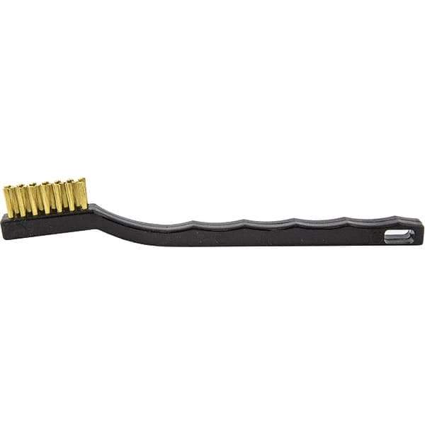 Brush Research Mfg. - 4 Rows x 7 Columns Brass Scratch Brush - 1/2" Brush Length, 7-1/4" OAL, 1/2 Trim Length, Wood Curved Back Handle - Industrial Tool & Supply