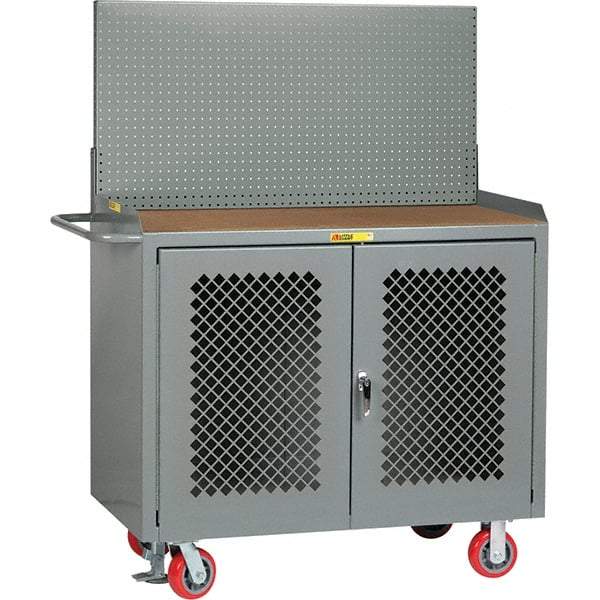 Little Giant - 3,600 Lb Capacity, 2 Shelf, 2 Door Mobile Bench Cabinet with Pegboard Panel - 53" Wide x 24" Deep x 43" High, Steel, Gray - Industrial Tool & Supply