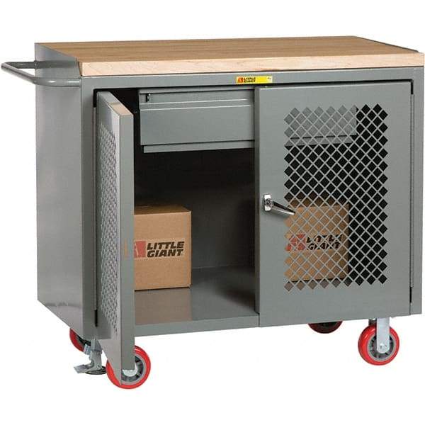 Little Giant - 3,600 Lb Capacity, 2 Shelf, 1 Drawer, 2 Door Mobile Cabinet Bench - 41" Wide x 24" Deep x 43" High, Steel, Gray - Industrial Tool & Supply