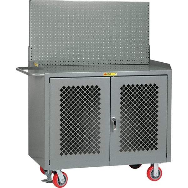 Little Giant - 3,600 Lb Capacity, 2 Shelf, 2 Door Mobile Bench Cabinet with Pegboard Panel - 41" Wide x 24" Deep x 43" High, Steel, Gray - Industrial Tool & Supply