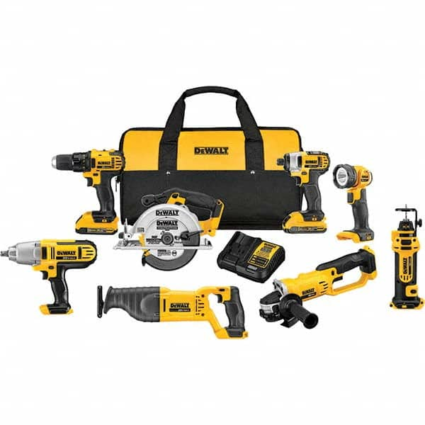 DeWALT - Cordless Tool Combination Kits Voltage: 20 Tools: 1/2" Compact Drill/Driver; 1/4" Impact Driver; 6-1/2 Circular Saw; Reciprocating Saw; 4-1/2"/ 5'' Grinder; Drywall Cut-Out Tool; 1/2" High Torque Impact Wrench; LED Work Light - Industrial Tool & Supply