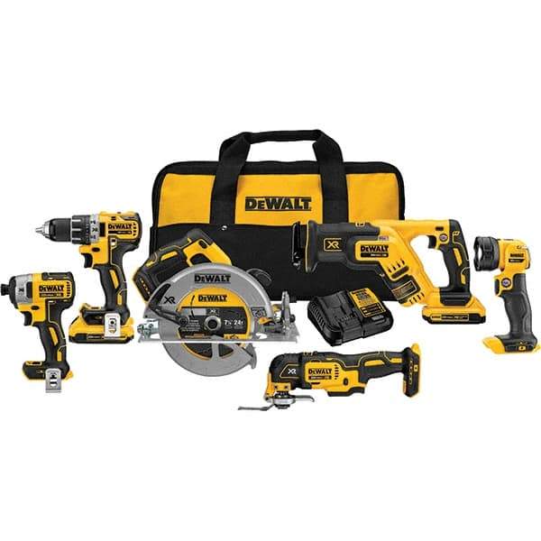 DeWALT - Cordless Tool Combination Kits Voltage: 20 Tools: Compact Drill/Driver; 1/4" Impact Driver; 7-1/4" Circular Saw; Compact Reciprocating Saw; Oscillating Multi-Tool; LED Light - Industrial Tool & Supply