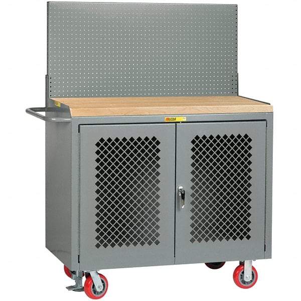 Little Giant - 3,600 Lb Capacity, 2 Shelf, 2 Door Mobile Bench Cabinet with Pegboard Panel - 41" Wide x 24" Deep x 43" High, Steel, Gray - Industrial Tool & Supply