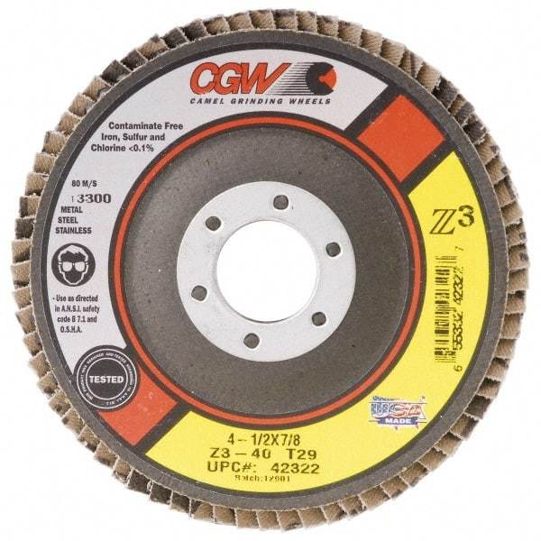 Camel Grinding Wheels - 36 Grit, 7" Disc Diam, 5/8-11 Center Hole, Type 29 Zirconia Alumina Flap Disc - 8,600 Max RPM, Poly Cotton Backing, Arbor Attaching System, Coated - Industrial Tool & Supply