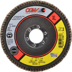 Camel Grinding Wheels - 40 Grit, 4-1/2" Disc Diam, 7/8" Center Hole, Type 29 Zirconia Alumina Flap Disc - 13,300 Max RPM, Poly Cotton Backing, Arbor Attaching System, Coated - Industrial Tool & Supply