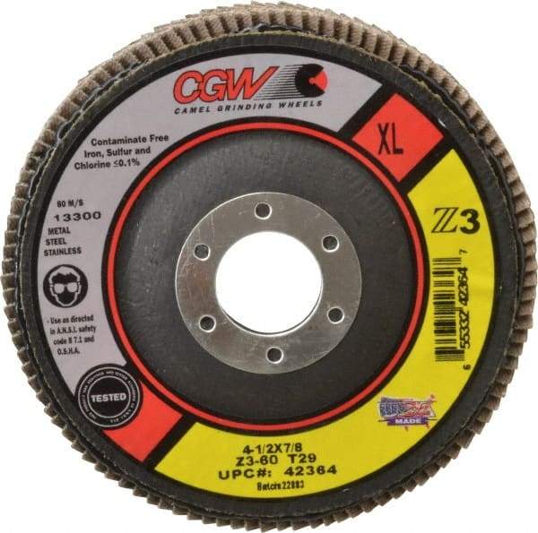 Camel Grinding Wheels - 60 Grit, 4-1/2" Disc Diam, 7/8" Center Hole, Type 29 Zirconia Alumina Flap Disc - 13,300 Max RPM, Poly Cotton Backing, Arbor Attaching System, Coated - Industrial Tool & Supply