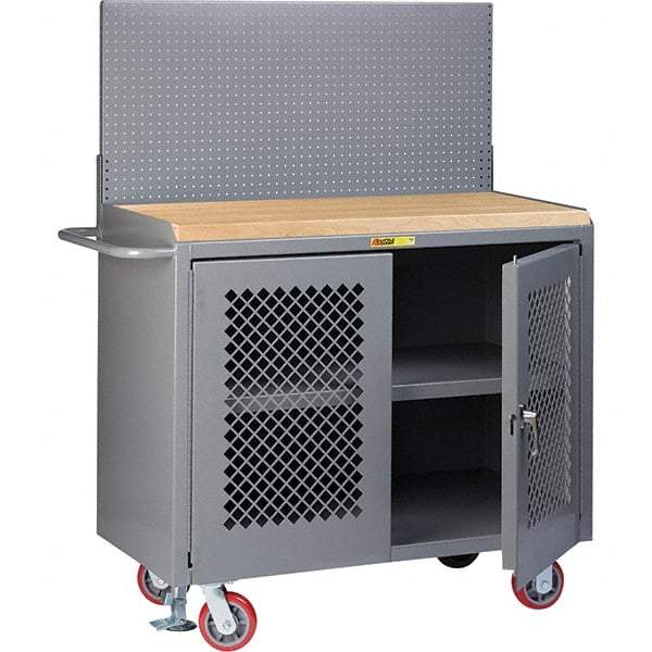 Little Giant - 3,600 Lb Capacity, 3 Shelf, 2 Door Mobile Bench Cabinet with Pegboard Panel - 41" Wide x 24" Deep x 43" High, Steel, Gray - Industrial Tool & Supply