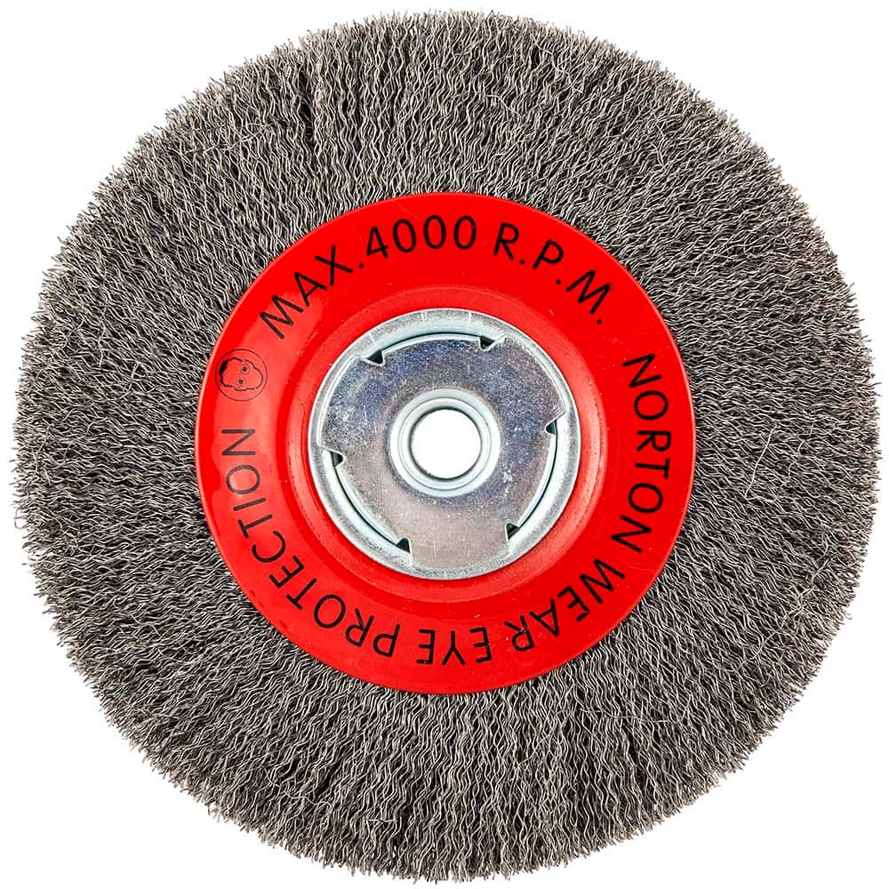 Norton - 8" OD, 5/8" Arbor Hole, Crimped Carbon Wheel Brush - Industrial Tool & Supply