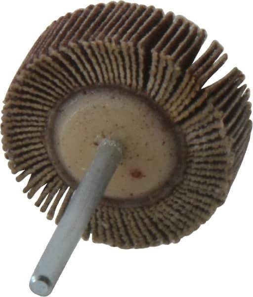 Merit Abrasives - 1-3/16" Diam x 3/8" Face Width, Fine Aluminum Oxide Coated Mounted Flap Wheel - 1/8" Shank Mount, 120 Grit, Cloth Backing, 30,000 Max RPM - Industrial Tool & Supply