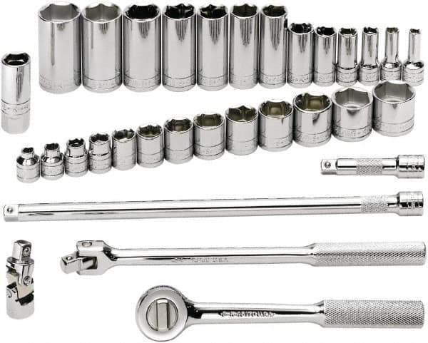 SK - 32 Piece 3/8" Drive Standard Deep Socket Set - 6 Points, 1/4 to 1", Inch Measurement Standard - Industrial Tool & Supply