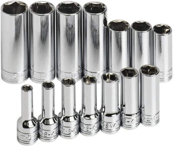 SK - 14 Piece 3/8" Drive Tethered Thin Wall Deep Socket Set - 6 Points, 6 to 19mm, Metric Measurement Standard - Industrial Tool & Supply