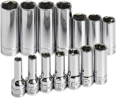 SK - 14 Piece 3/8" Drive Tethered Thin Wall Deep Socket Set - 6 Points, 6 to 19mm, Metric Measurement Standard - Industrial Tool & Supply