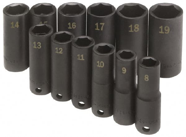 SK - 12 Piece 3/8" Drive Deep Well Impact Socket Set - Industrial Tool & Supply