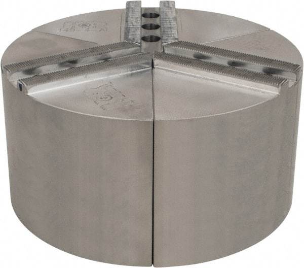 H & R Manufacturing - 1.5mm x 60° Serrated Attachment, Round Soft Lathe Chuck Jaw - 3 Jaws, Aluminum, 1" Btw Mount Hole Ctrs, 4" Long x 8" Wide x 4" High, 0.551" Groove, 12mm Fastener - Industrial Tool & Supply