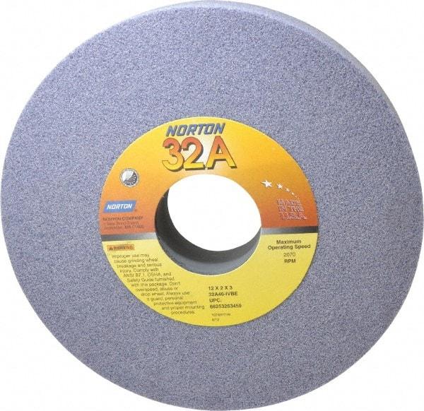 Norton - 12" Diam x 3" Hole x 2" Thick, I Hardness, 46 Grit Surface Grinding Wheel - Aluminum Oxide, Type 1, Coarse Grade, 2,070 Max RPM, Vitrified Bond, No Recess - Industrial Tool & Supply
