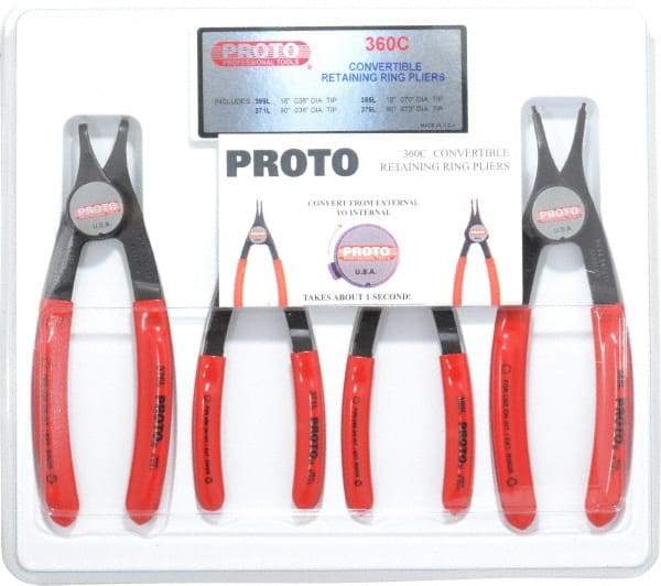 Proto - 4 Piece, 3/8 to 2" Bore, 1/4 to 2" Shaft, Convertible Retaining Ring Pliers Set - 0.038 to 0.07" Tip Diam Range - Industrial Tool & Supply