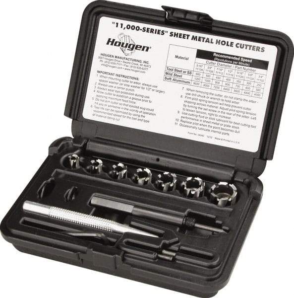 Hougen - 10 Piece, 5/16 to 3/4" Cutter Diam, 1/4" Cutting Depth, High Speed Steel Annular Cutter Set - Bright Finish, 5/16, 3/8, 7/16, 1/2, 9/16, 5/8, 3/4" Cutter Diams, 3 Flats on Shank - Industrial Tool & Supply