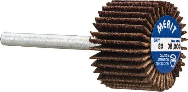 Merit Abrasives - 3/4" Diam x 1/2" Face Width, Medium Aluminum Oxide Coated Mounted Flap Wheel - 1/8" Shank Mount, 80 Grit, Cloth Backing, 35,000 Max RPM - Industrial Tool & Supply
