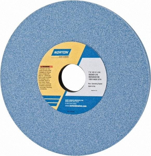 Norton - 7" Diam x 1-1/4" Hole x 1/2" Thick, L Hardness, 60 Grit Surface Grinding Wheel - Ceramic, Type 1, Medium Grade, 3,600 Max RPM, Vitrified Bond, No Recess - Industrial Tool & Supply