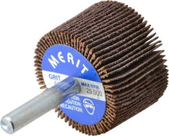 Merit Abrasives - 1-1/2" Diam x 1" Face Width, Medium Ceramic Alumina Coated Mounted Flap Wheel - 1/4" Shank Mount, 60 Grit, Cloth Backing, 25,000 Max RPM - Industrial Tool & Supply