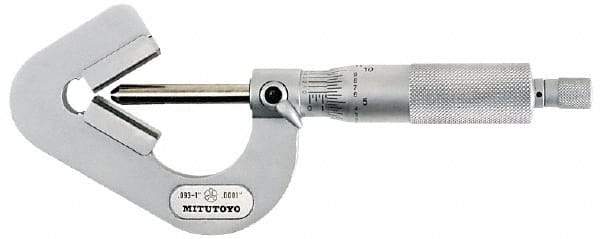 Mitutoyo - 0.05 to 0.6 Inch Measurement, 0.001 Inch Graduation, Accuracy Up to 0.0002 Inch, 3 Flutes Measured, Ratchet Stop Thimble, Mechanical V Anvil Micrometer - 6.35mm Spindle Diameter, Carbide, 23.46mm Throat Depth - Industrial Tool & Supply