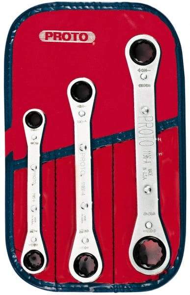 Proto - 3 Piece, 3/8" to 11/16", 12 Point Ratcheting Box Wrench Set - Inch Measurement Standard, Chrome Finish, Comes in Pouch - Industrial Tool & Supply