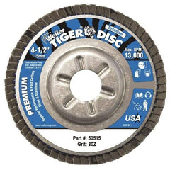 Weiler - 80 Grit, 4-1/2" Disc Diam, 7/8" Center Hole, Type 29 Zirconia Alumina Flap Disc - 13,000 Max RPM, Aluminum Backing, Arbor Attaching System, Coated - Industrial Tool & Supply