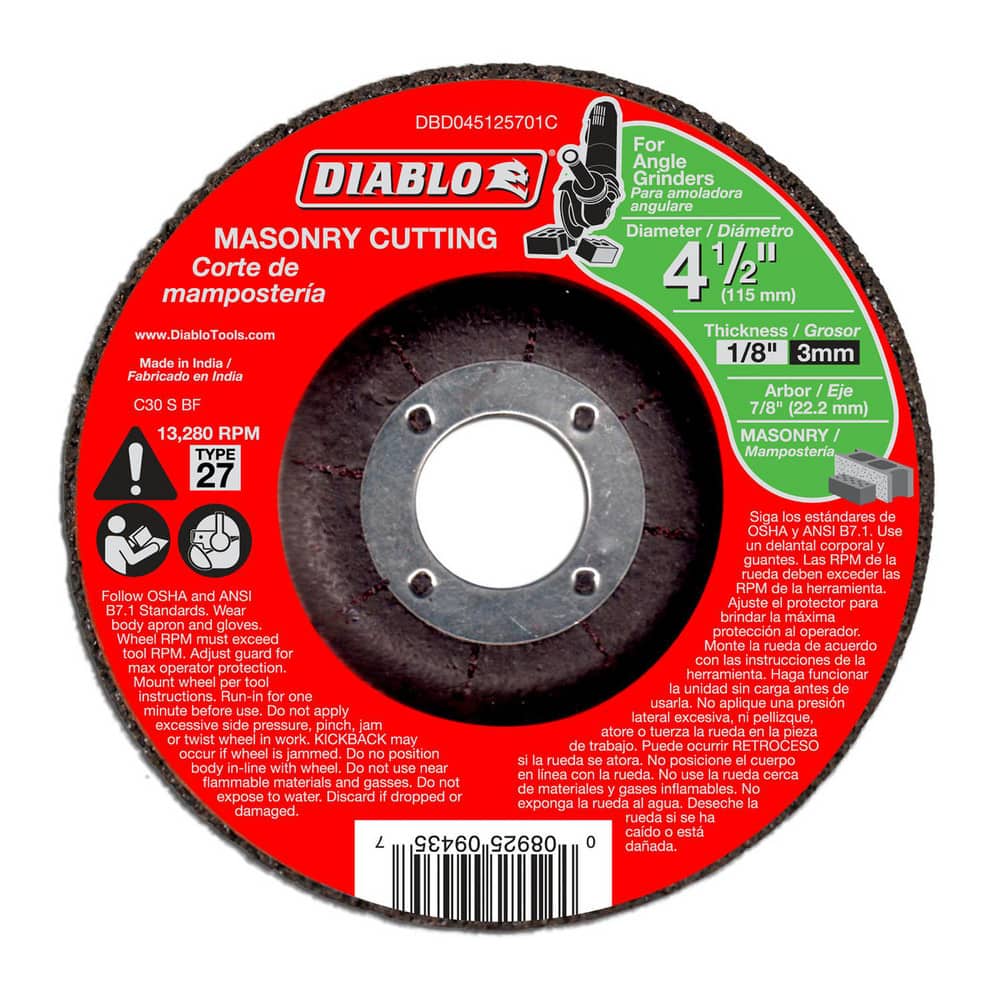 Cutoff Wheels; Wheel Type Number: Type 27; Wheel Diameter (Inch): 4-1/2; Wheel Thickness (Inch): 1/8; Hole Size: 7/8; Abrasive Material: Silicone Carbide Blend; Maximum Rpm: 13280.000; Hole Shape: Round; Wheel Color: Red