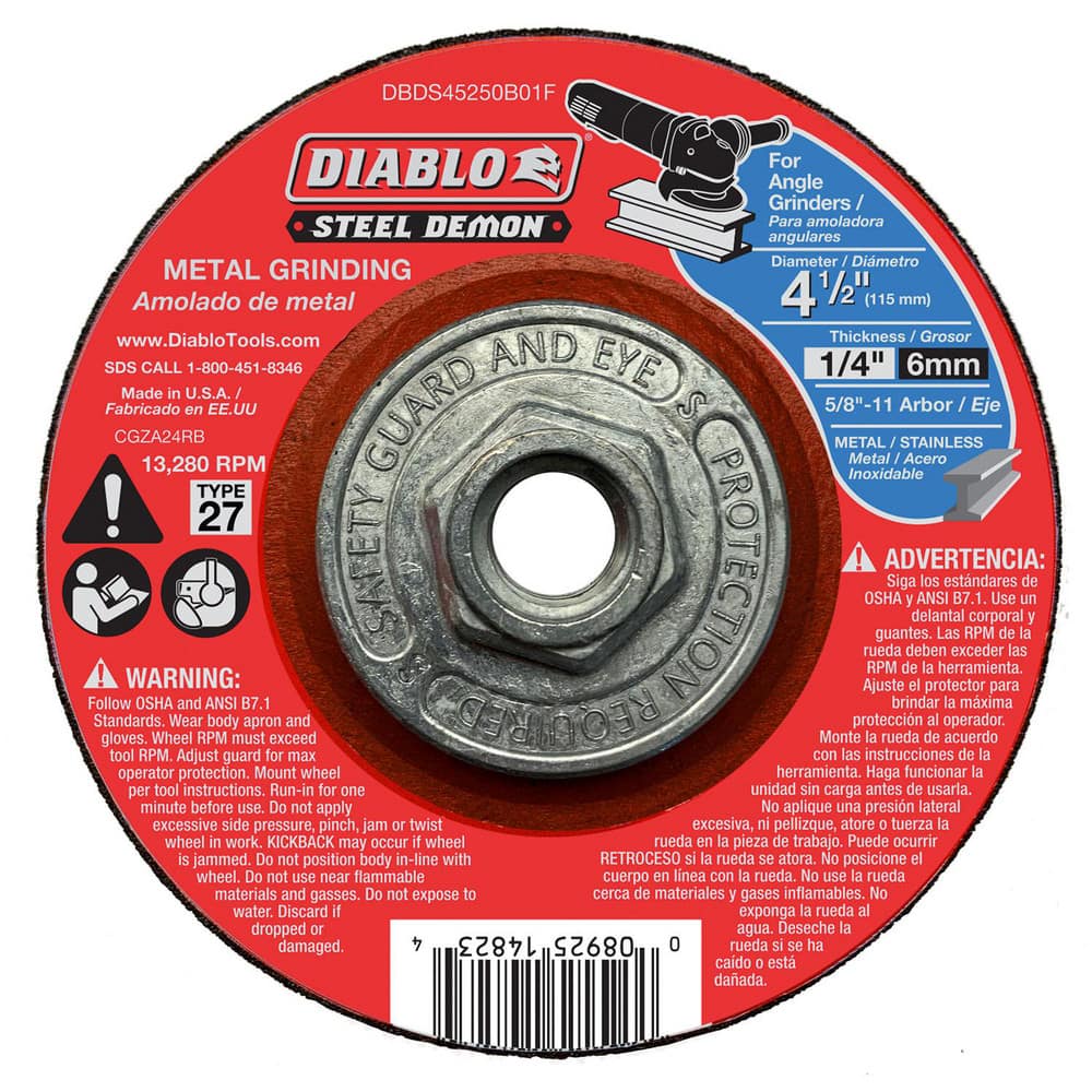 Cutoff Wheels; Wheel Type Number: Type 27; Wheel Diameter (Inch): 4-1/2; Wheel Thickness (Inch): 1/4; Hole Size: 5/8; Abrasive Material: Premium Ceramic Blend; Maximum Rpm: 13280.000; Hole Shape: Round; Wheel Color: Red; Hole Thread Size: 5/8-11
