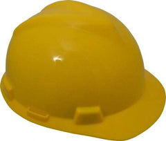 MSA - ANSI Type I, Class E Rated, 4-Point, Ratchet Adjustment Hard Hat - One Size Fits Most, Yellow, Standard Brim - Industrial Tool & Supply