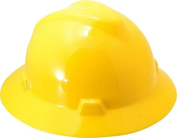 MSA - ANSI Type I, Class E Rated, Ratchet Adjustment Hard Hat - One Size Fits Most, Yellow, Full Brim - Industrial Tool & Supply