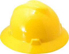 MSA - ANSI Type I, Class E Rated, Ratchet Adjustment Hard Hat - One Size Fits Most, Yellow, Full Brim - Industrial Tool & Supply