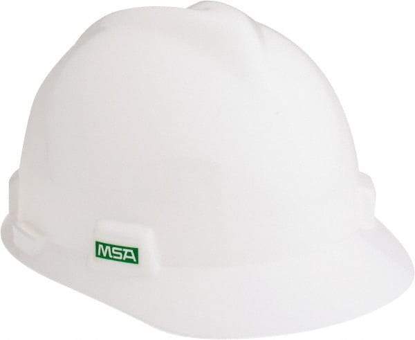MSA - ANSI Type I, Class E Rated, 4-Point, Ratchet Adjustment Hard Hat - Size 6-1/2 to 8, White, Standard Brim - Industrial Tool & Supply