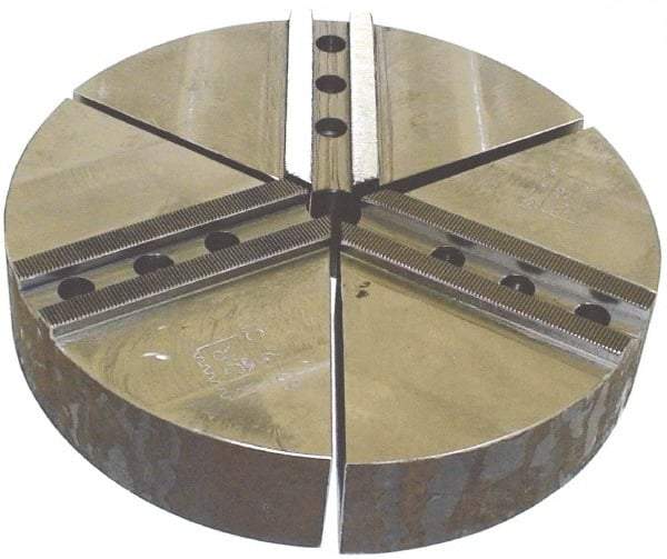 H & R Manufacturing - 1.5mm x 60° Serrated Attachment, Round Soft Lathe Chuck Jaw - 3 Jaws, Cast Iron, 1.181" Btw Mount Hole Ctrs, 5" Long x 10" Wide x 2" High, 0.63" Groove, 12mm Fastener - Industrial Tool & Supply