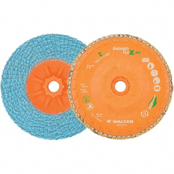 WALTER Surface Technologies - 80 Grit, 4-1/2" Disc Diam, 5/8-11 Center Hole, Type 27 Zirconia Alumina Flap Disc - 13,300 Max RPM, Polyester Backing, Arbor Attaching System, Coated - Industrial Tool & Supply
