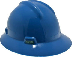 MSA - ANSI Type I, Class E Rated, Ratchet Adjustment Hard Hat - Size 6-1/2 to 8, Blue, Full Brim - Industrial Tool & Supply