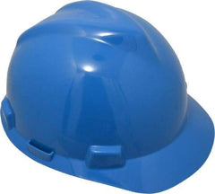 MSA - ANSI Type I, Class E Rated, 4-Point, Ratchet Adjustment Hard Hat - Size 6-1/2 to 8, Blue, Standard Brim - Industrial Tool & Supply