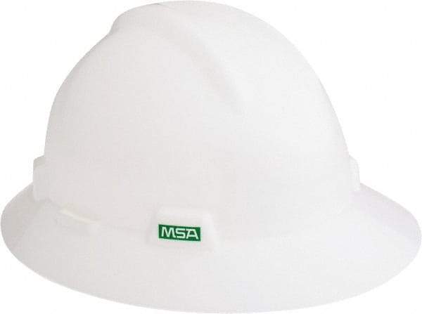 MSA - ANSI Type I, Class E Rated, Ratchet Adjustment Hard Hat - Size 6-1/2 to 8, White, Full Brim - Industrial Tool & Supply